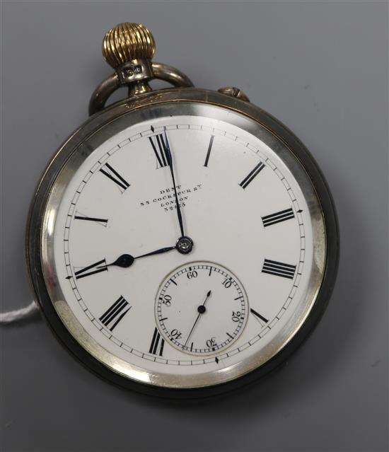 An Edwardian silver keyless lever open face pocket watch by Dent of Cockspur Street, London.